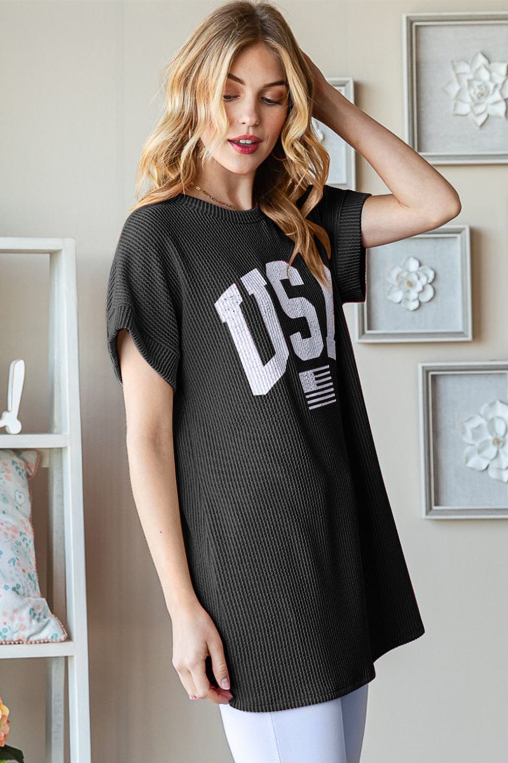 Heimish Full Size USA Graphic Short Sleeve Ribbed Top *
