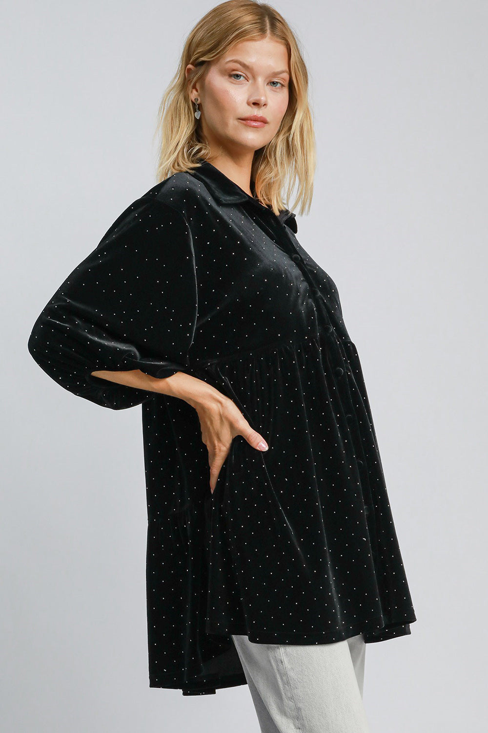 Umgee Full Size Polka Dot Button Up Half Sleeve Shirt *