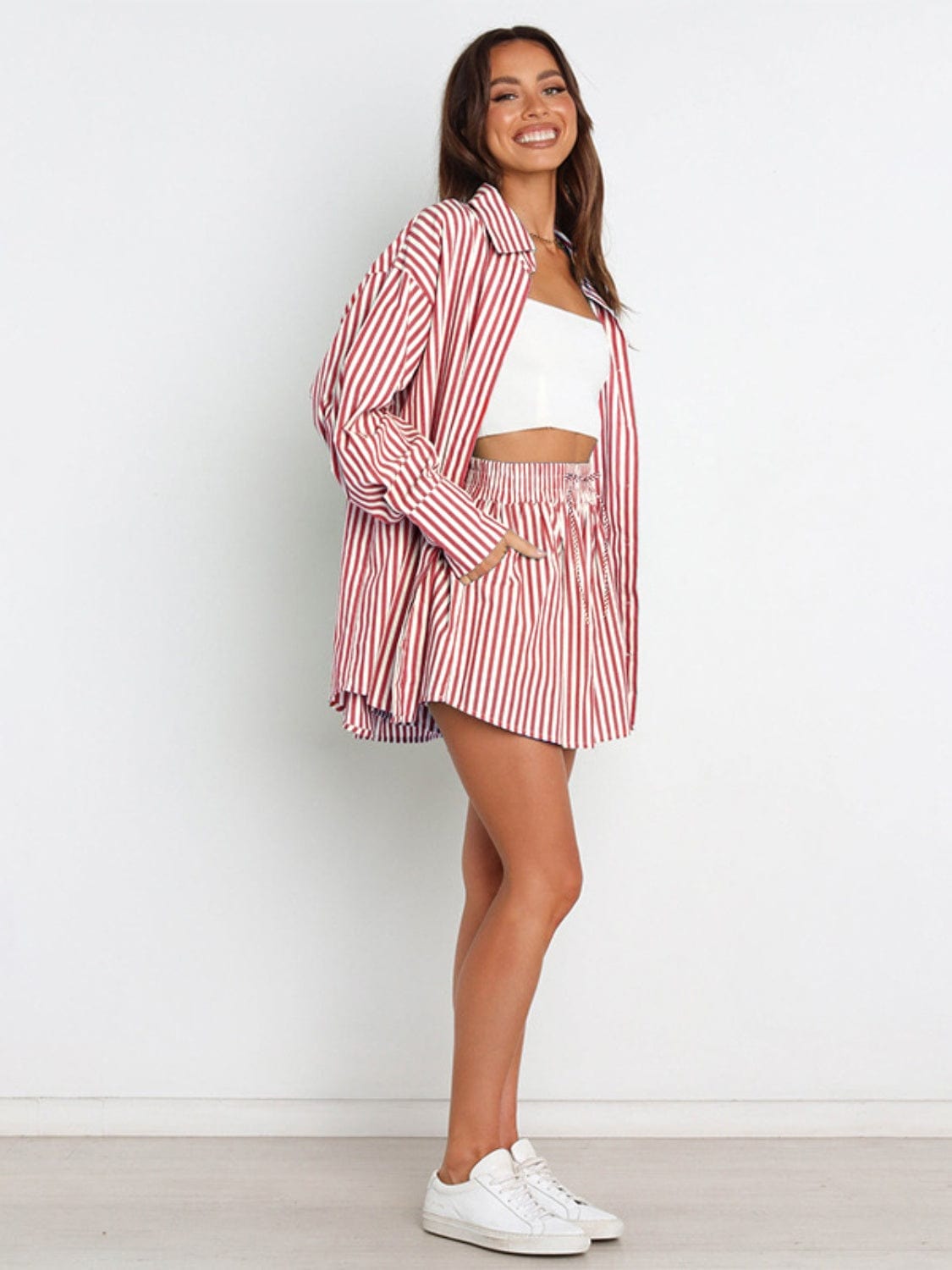 Full Size Striped Dropped Shoulder Shirt and Shorts Set