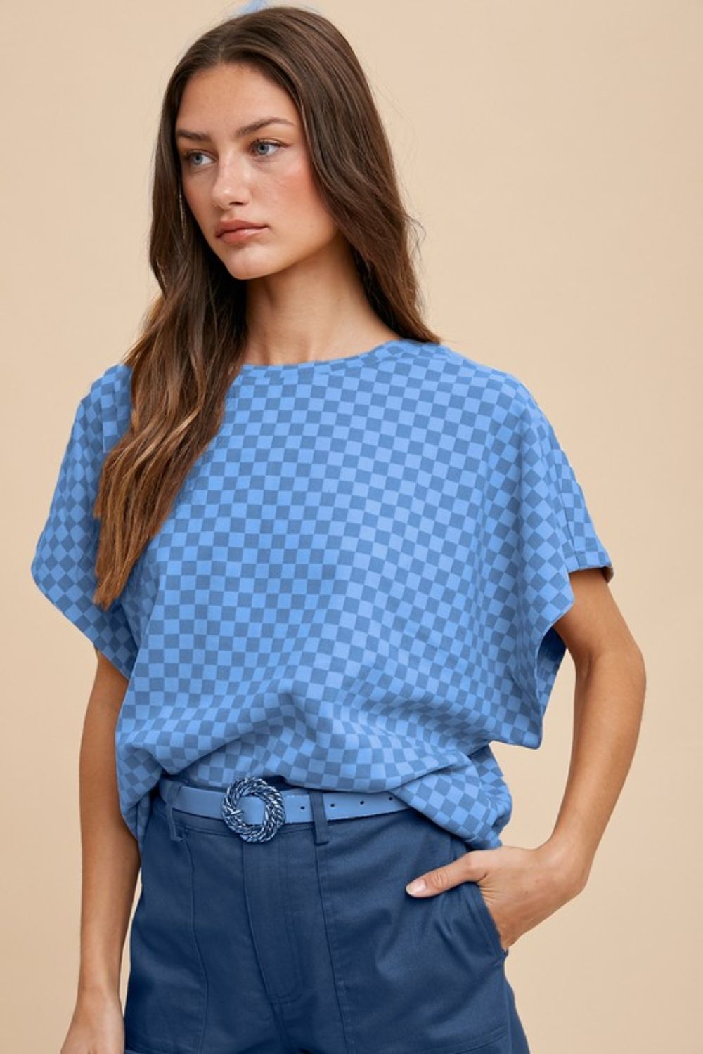 Annie Wear Checkered Round Neck Short Sleeve T-Shirt *