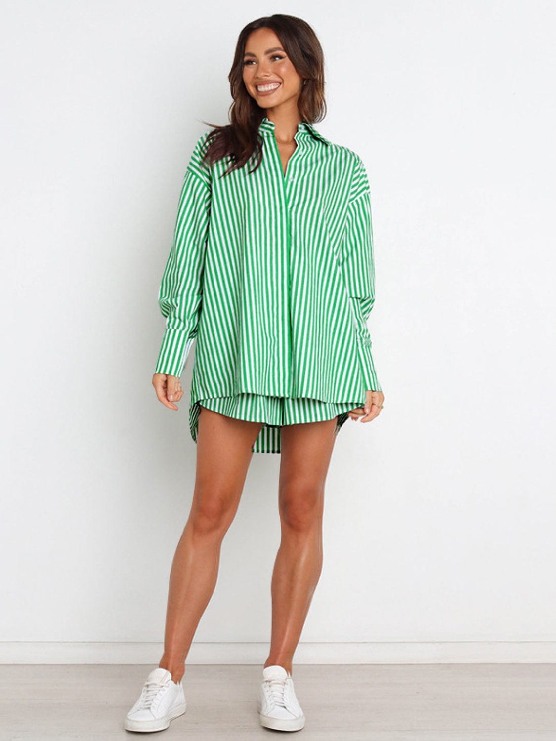 Full Size Striped Dropped Shoulder Shirt and Shorts Set