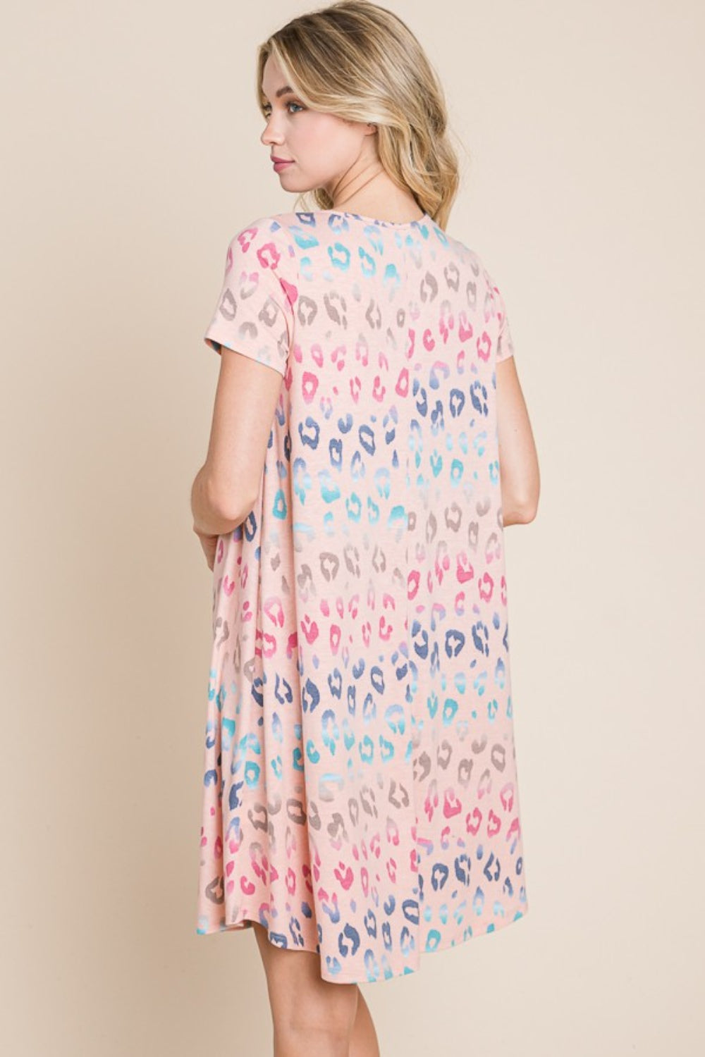BOMBOM Leopard Round Neck Short Sleeve Dress *