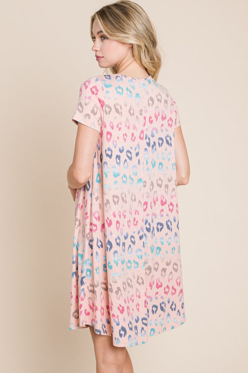 BOMBOM Leopard Round Neck Short Sleeve Dress *