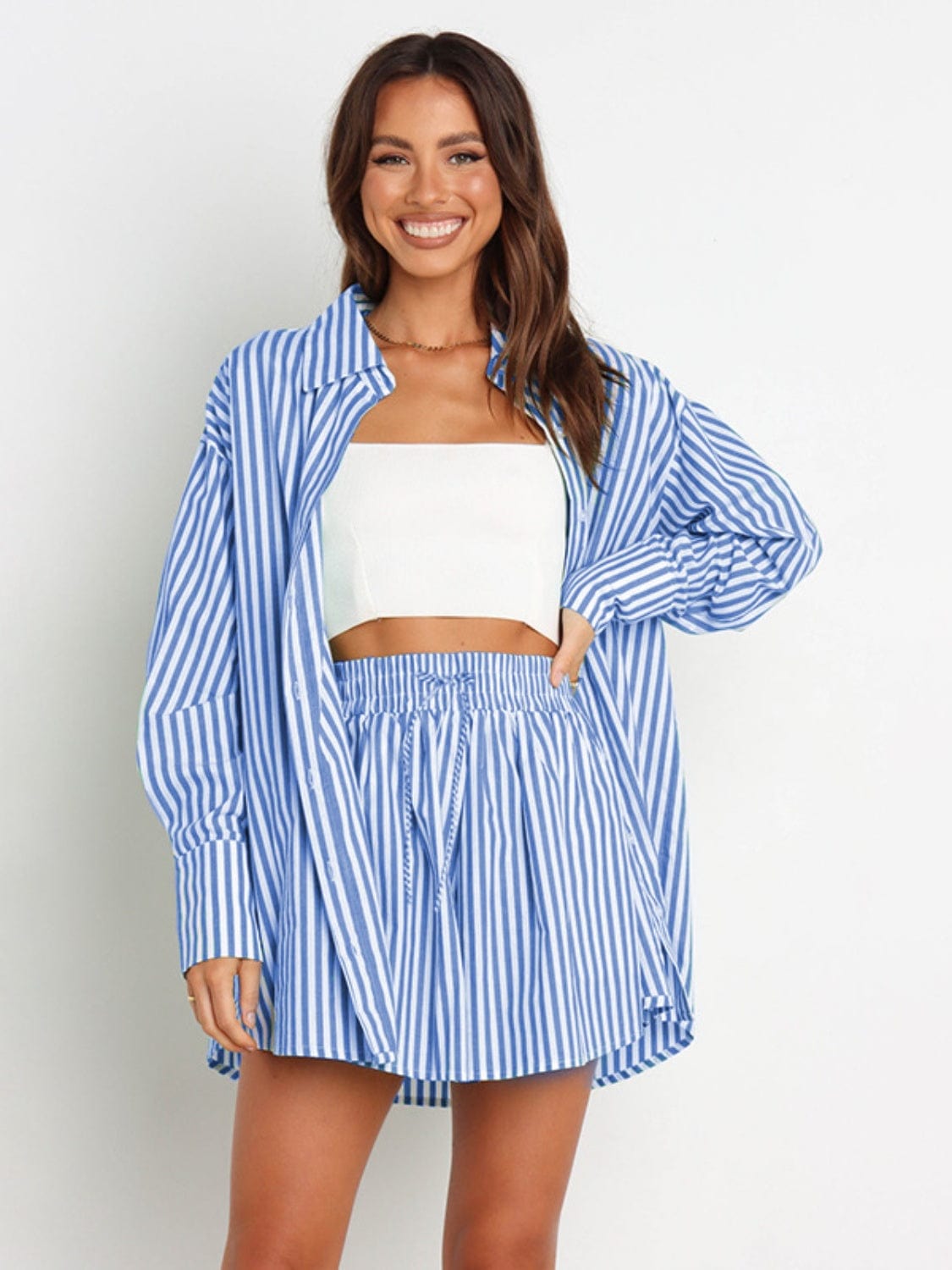 Full Size Striped Dropped Shoulder Shirt and Shorts Set