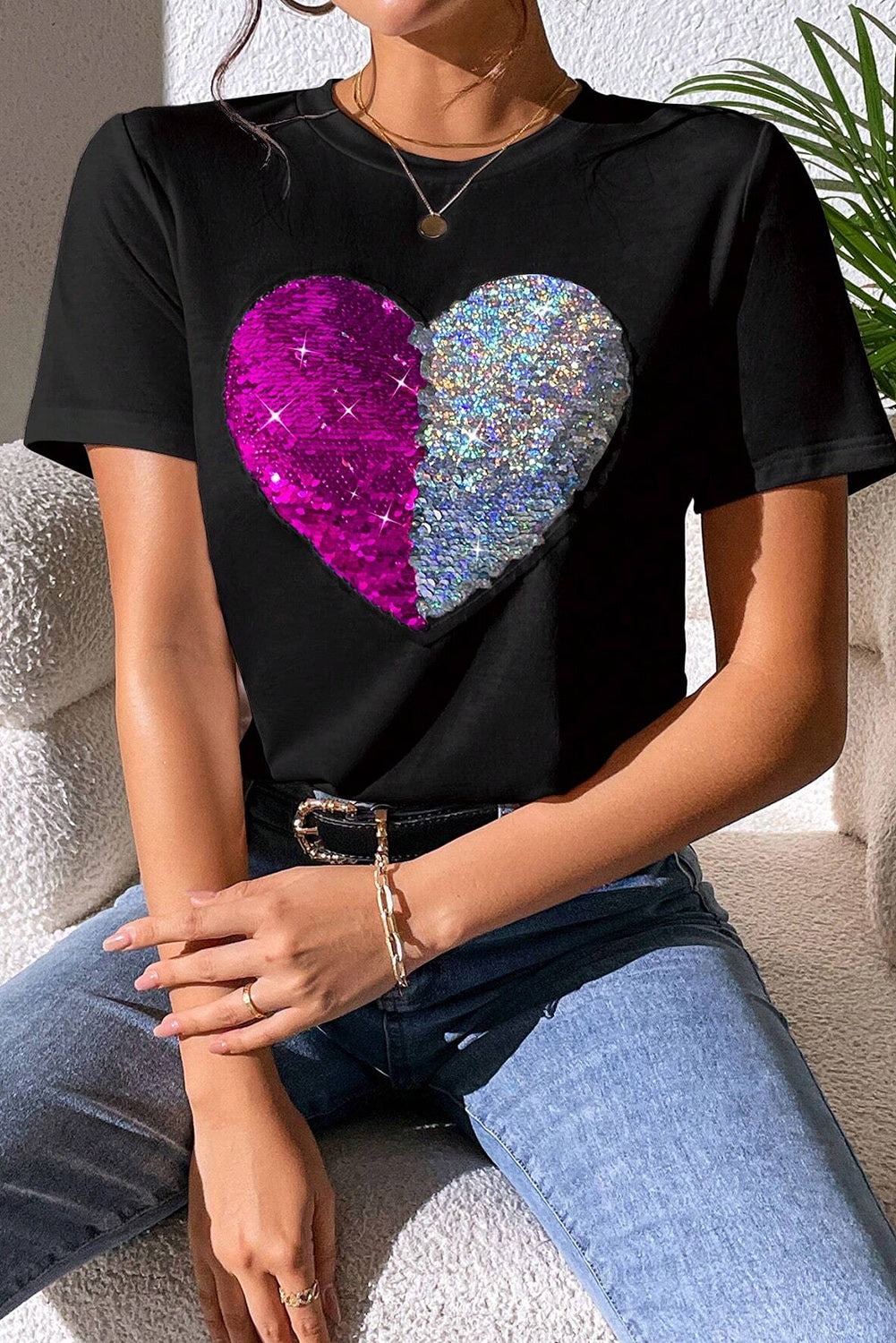 Full Size Heart Sequin Round Neck Short Sleeve T-Shirt