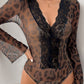 Perfee Leopard V-Neck Lace Bodysuit