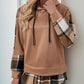 Perfee Drawstring Slit Plaid Long Sleeve Hoodie