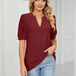 Eyelet Short Puff Sleeve Notched Neck Top