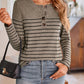 Quarter Button Striped Round Neck Long Sleeve T-Shirt