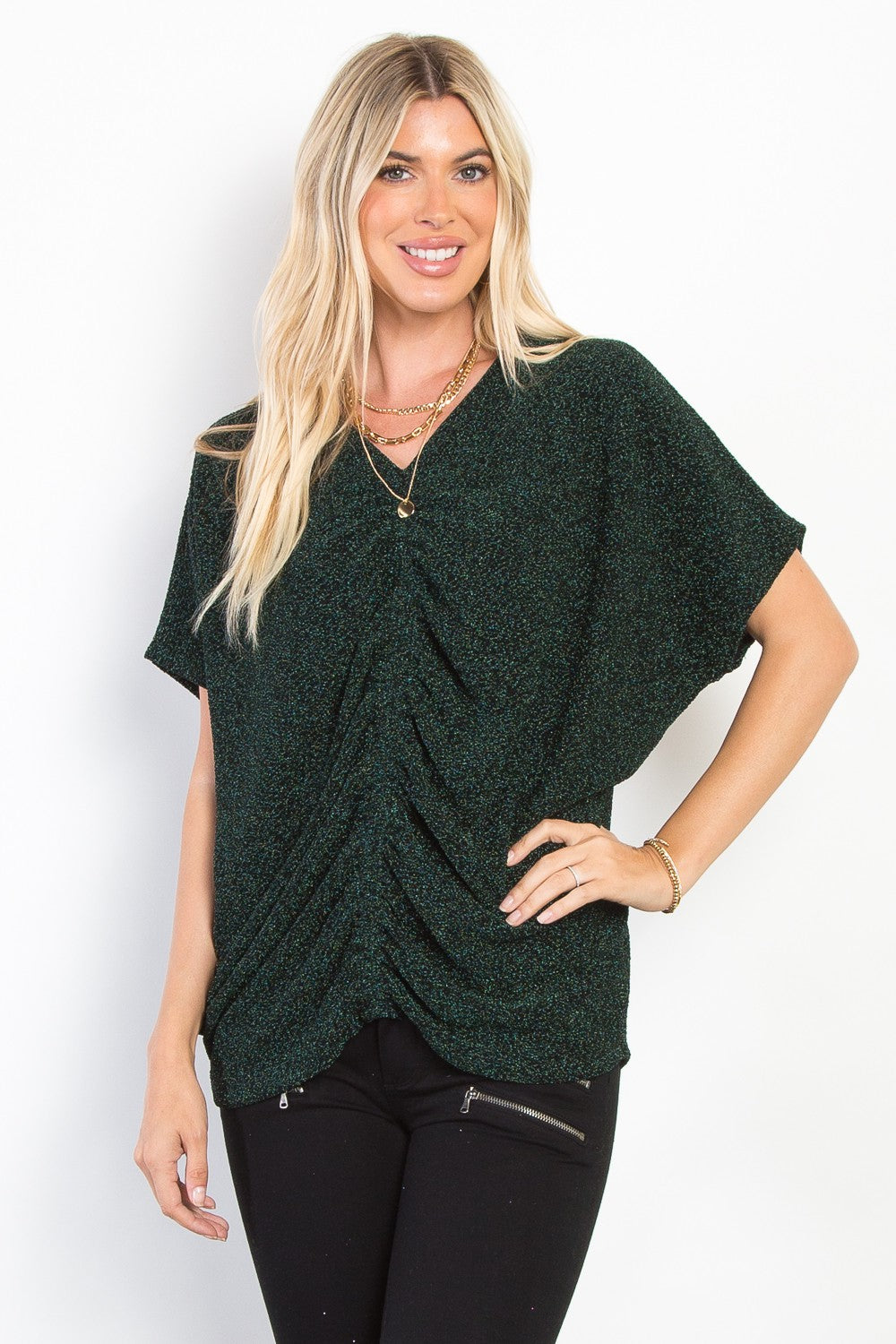 Be Stage Full Size Lurex Center Elastic Cinched Knit Top *