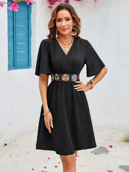 Black Surplice Flutter Sleeve Mini Dress