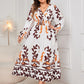 Plus Size Printed Surplice White Flounce Sleeve Dress