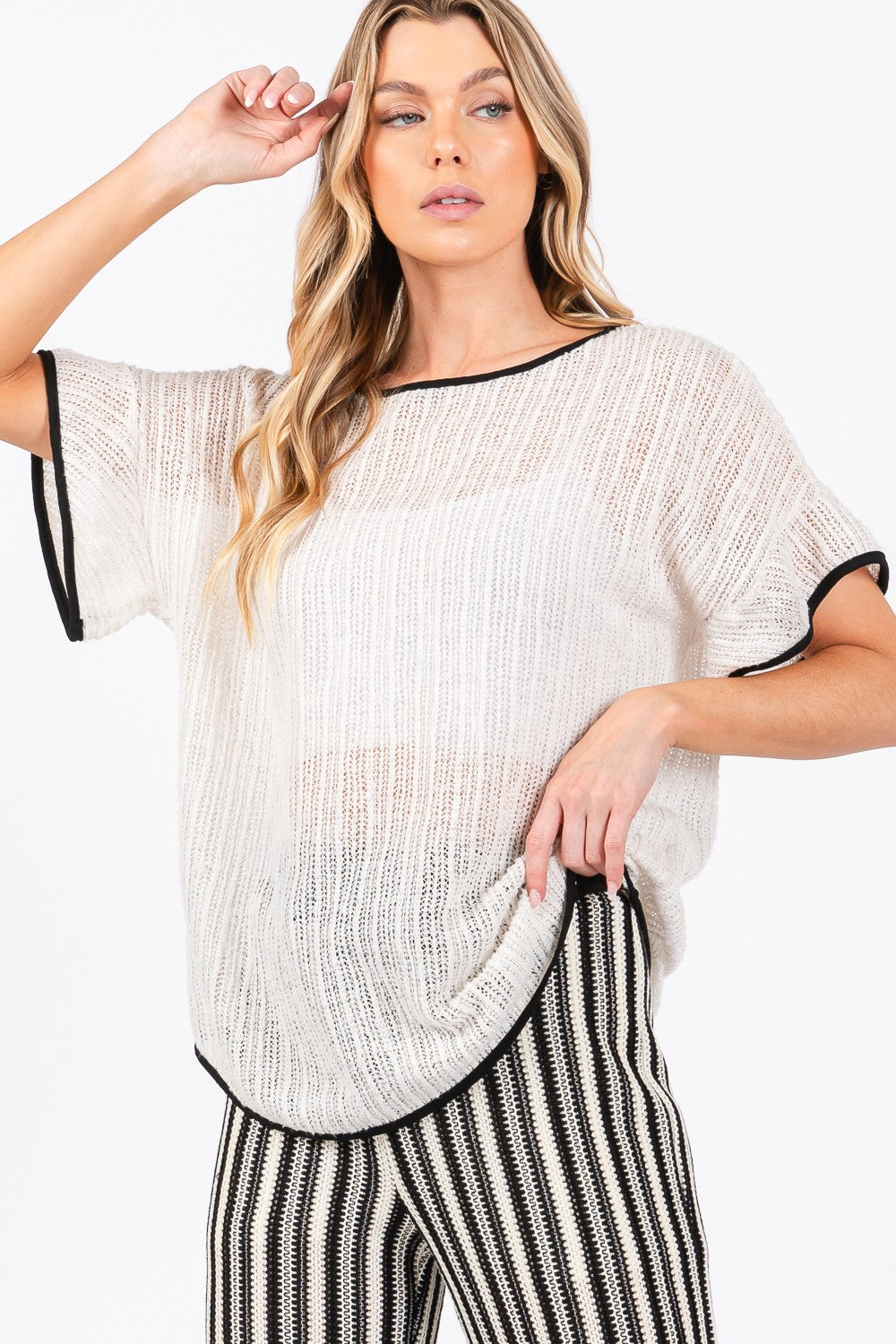 GeeGee Contrast Trim Short Sleeve Knit Cover Up *