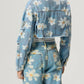 Distressed Raw Hem Floral Collared Neck Denim Top