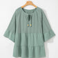Ruffled Tie Neck Three-Quarter Sleeve Blouse