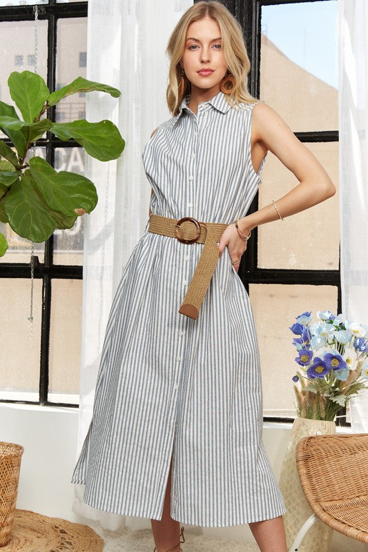 ADORA Striped Button Down Sleeveless Midi Dress