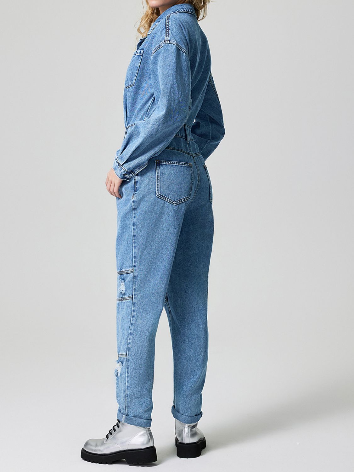 Distressed Button Down Drop Shoulder Denim Jumpsuit