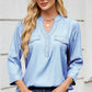 Notched Three-Quarter Sleeve Denim Top