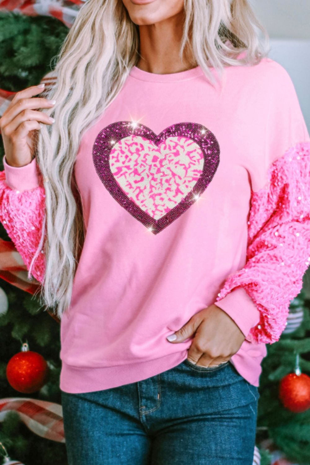 Valentine’s Day Pink Sequin Heart Long Sleeve Sweatshirt