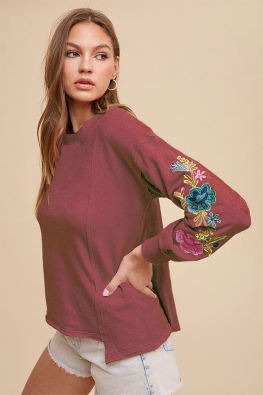 Annie Wear Embroidered Long Sleeve French Terry Top