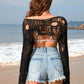 Distressed Boat Neck Long Sleeve Cover Up
