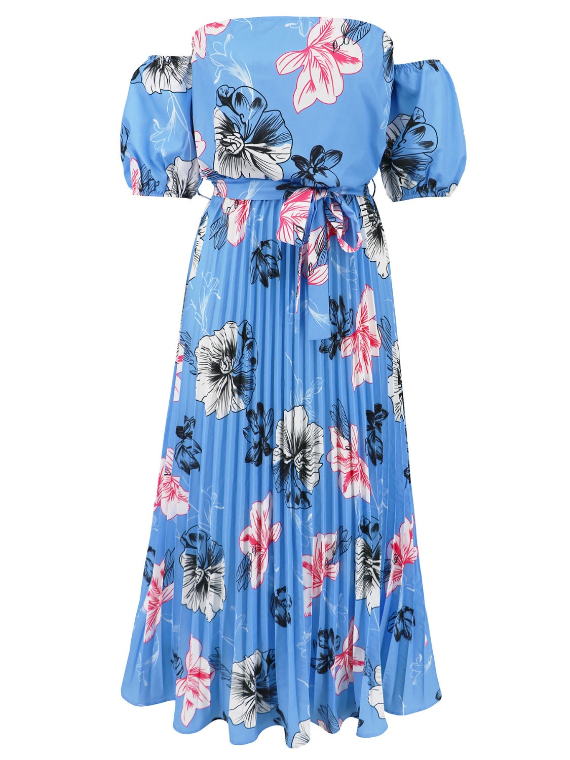 Full Size Pleated Floral Off-Shoulder Short Sleeve Midi Dress