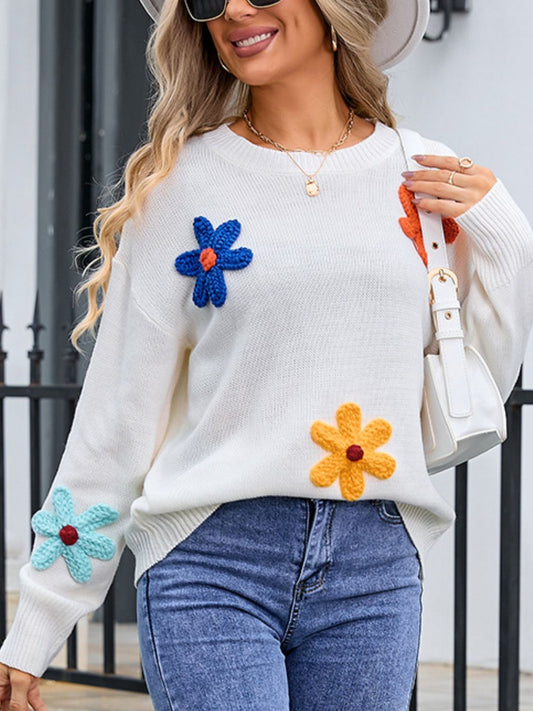 Crochet Flower Round Neck Sweater