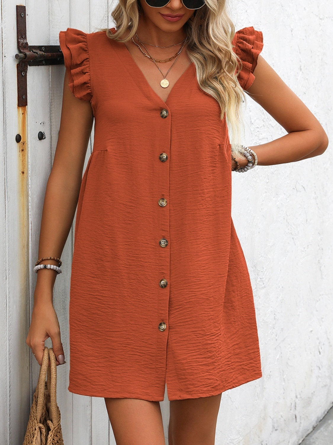 Full Size Button Up V-Neck Cap Sleeve Mini Dress