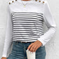 Decorative Button Striped Round Neck Long Sleeve T-Shirt