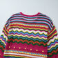 Openwork Contrast Round Neck Flare Sleeve Knit Top