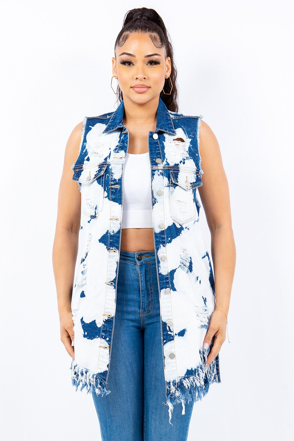 American Bazi Distressed Frayed Edge Longline Denim Vest *