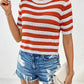 Openwork Striped Round Neck Short Sleeve Knit Top