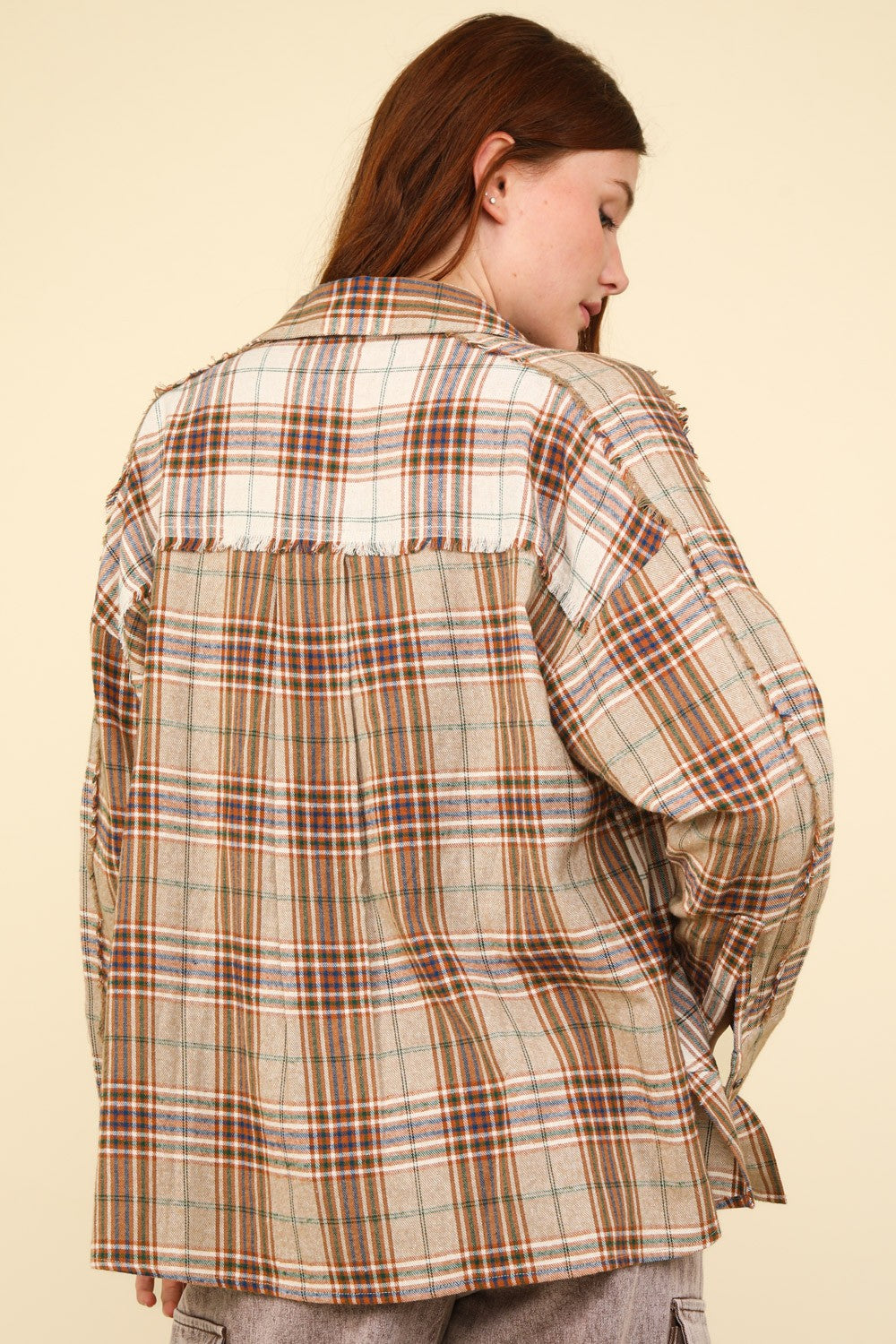 VERY J Contrast Plaid Raw Detail Shirt *