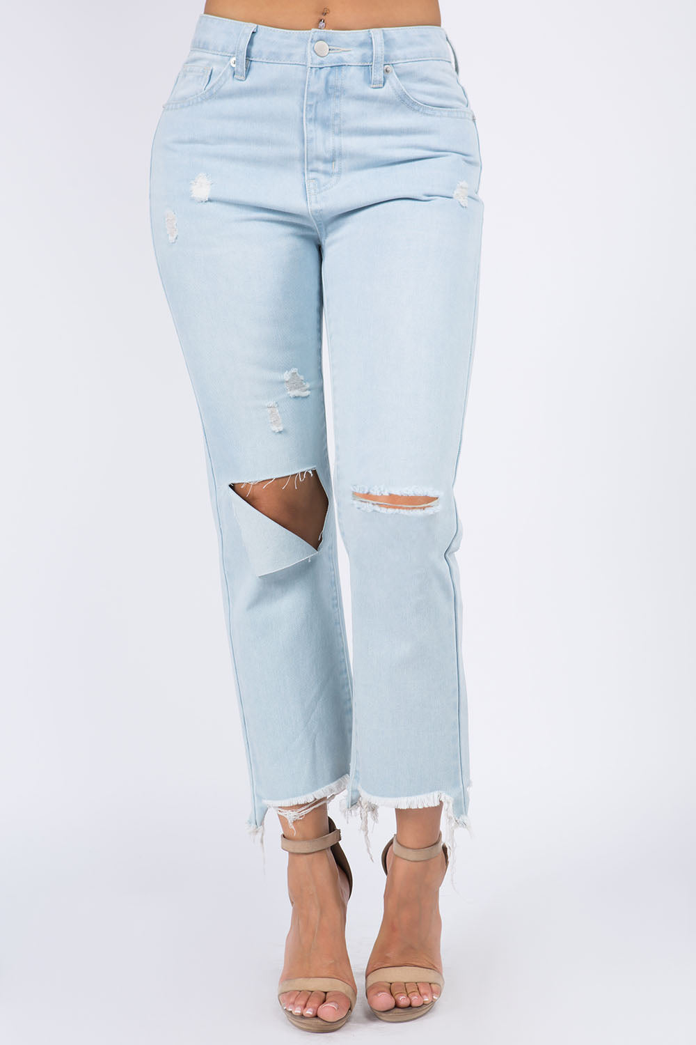 American Bazi High Waist Distressed Raw Hem Jeans *