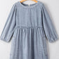 Cutout Round Neck Balloon Sleeve Denim Dress