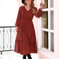 Plus Size Quarter Button V-Neck Long Sleeve Dress
