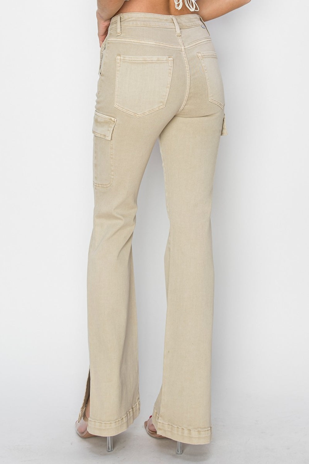 RISEN Full Size High Rise Side Slit Cargo Bootcut Jeans *