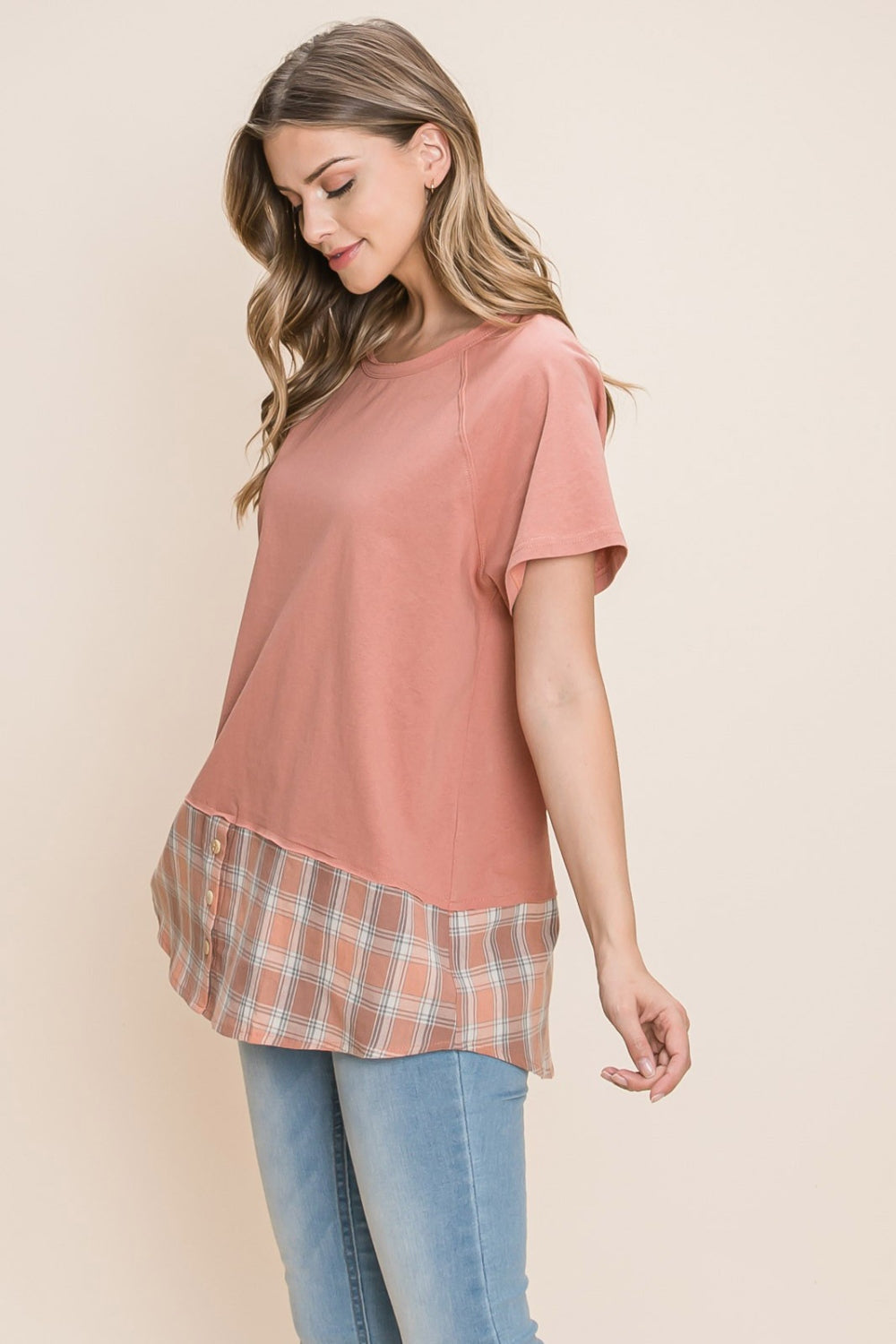 Cotton Bleu by Nu Lab Plaid Contrast Short Sleeve T-Shirt *