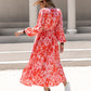 Tied Cutout Printed Long Sleeve Midi Dress