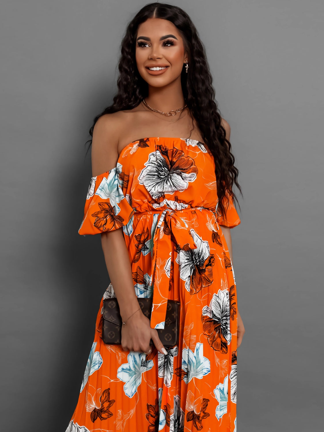 Full Size Pleated Floral Off-Shoulder Short Sleeve Midi Dress