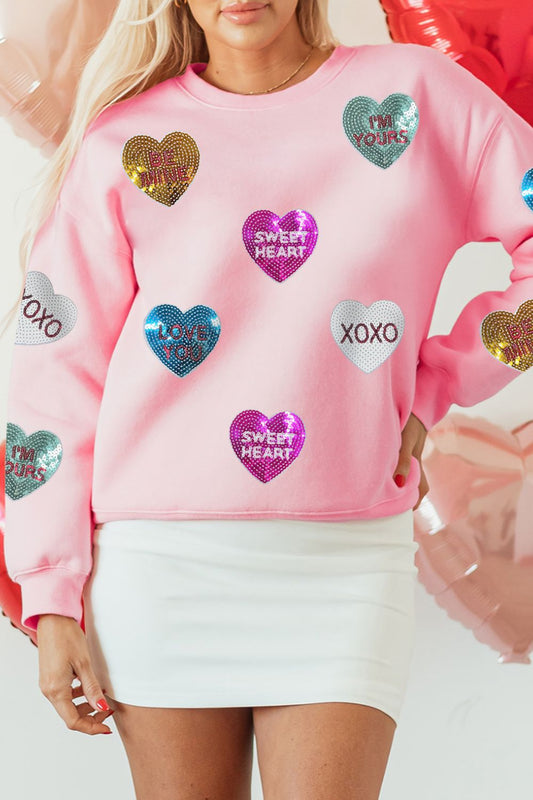 Valentine’s Day Blush Pink Sequin Heart Round Neck Long Sleeve Sweatshirt