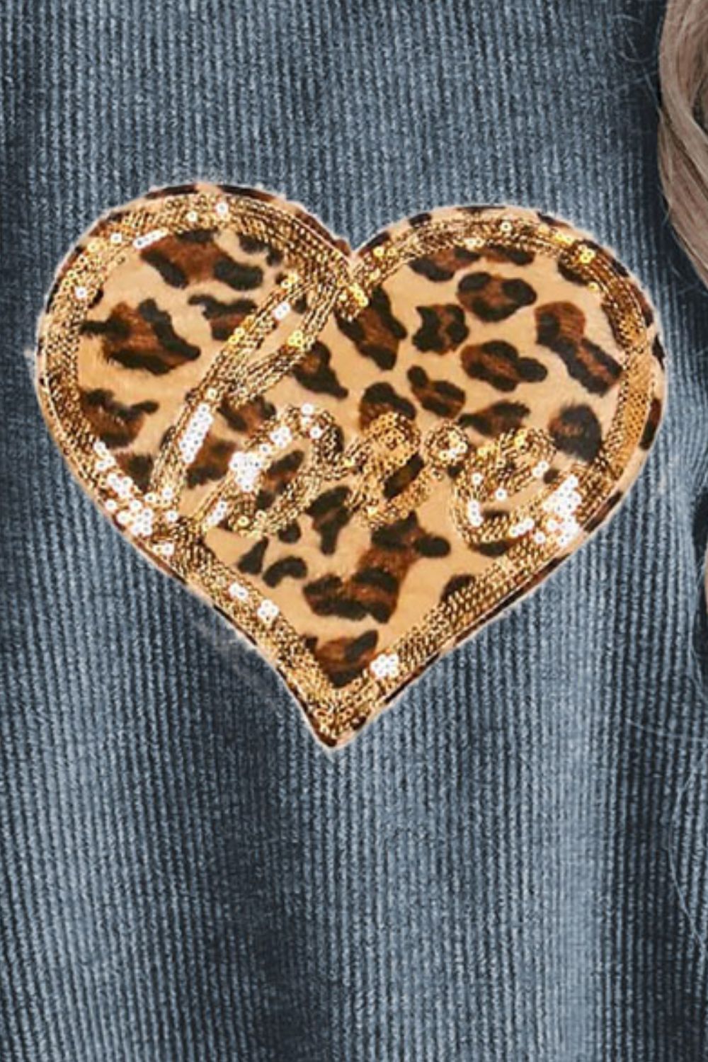 Full Size Heart Leopard Sequin Round Neck Sweatshirt