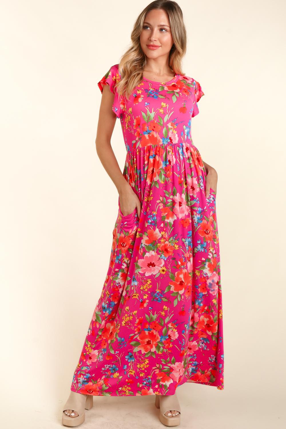 Haptics Fuchsia Floral Ruffled Round Neck Cap Sleeve Dress