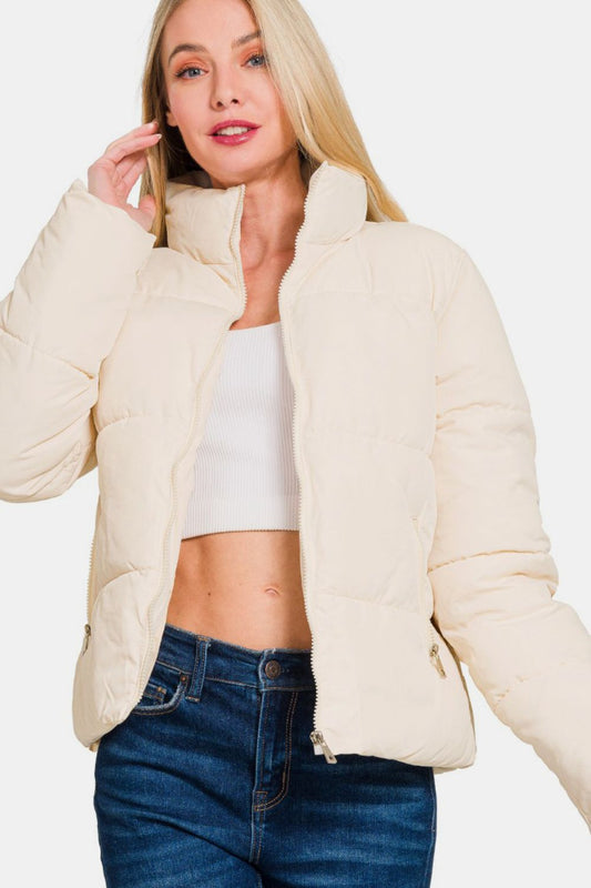 Zenana Zip Up Turtleneck Puffer Jacket with Pockets- Brand Zenana