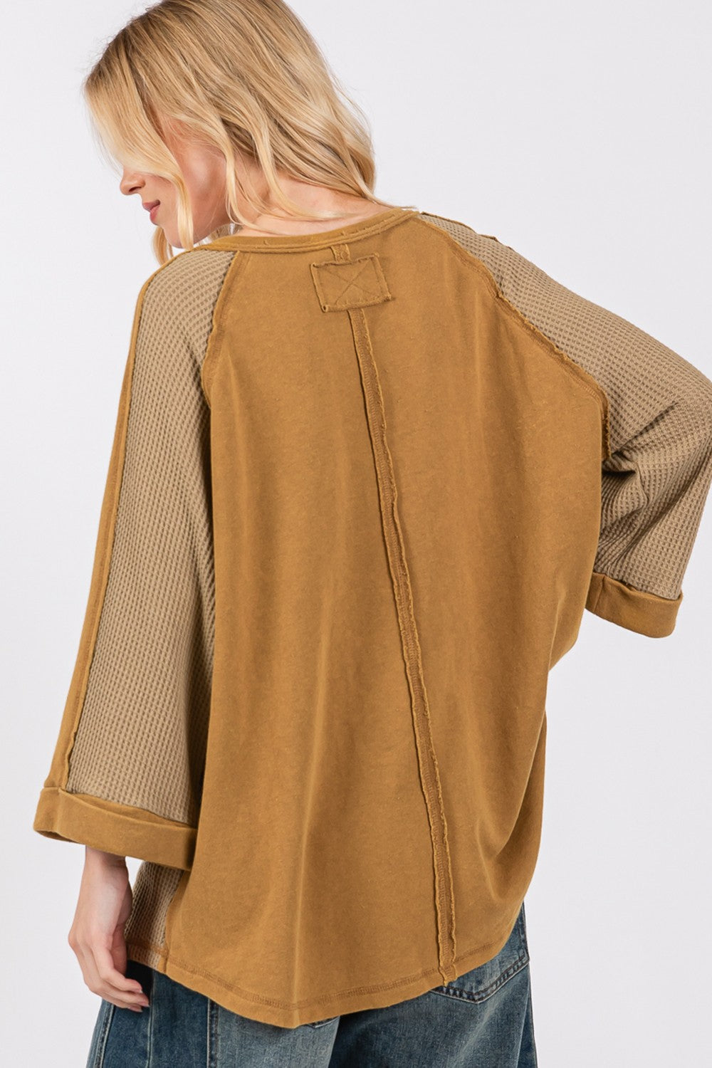 SAGE + FIG Star Applique Patch Exposed Seam Waffle Knit Top *