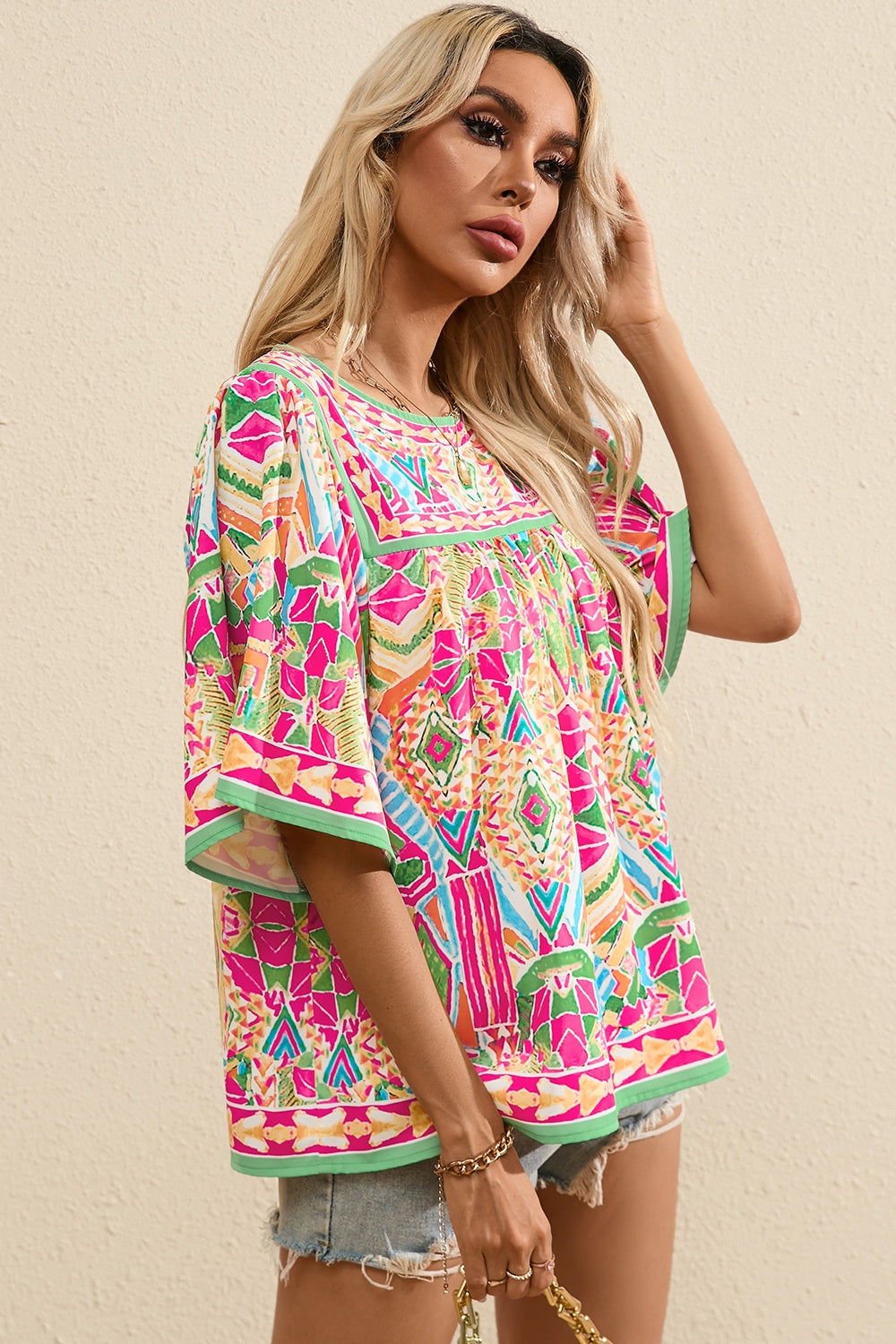 Full Size Printed Round Neck Half Sleeve Blouse