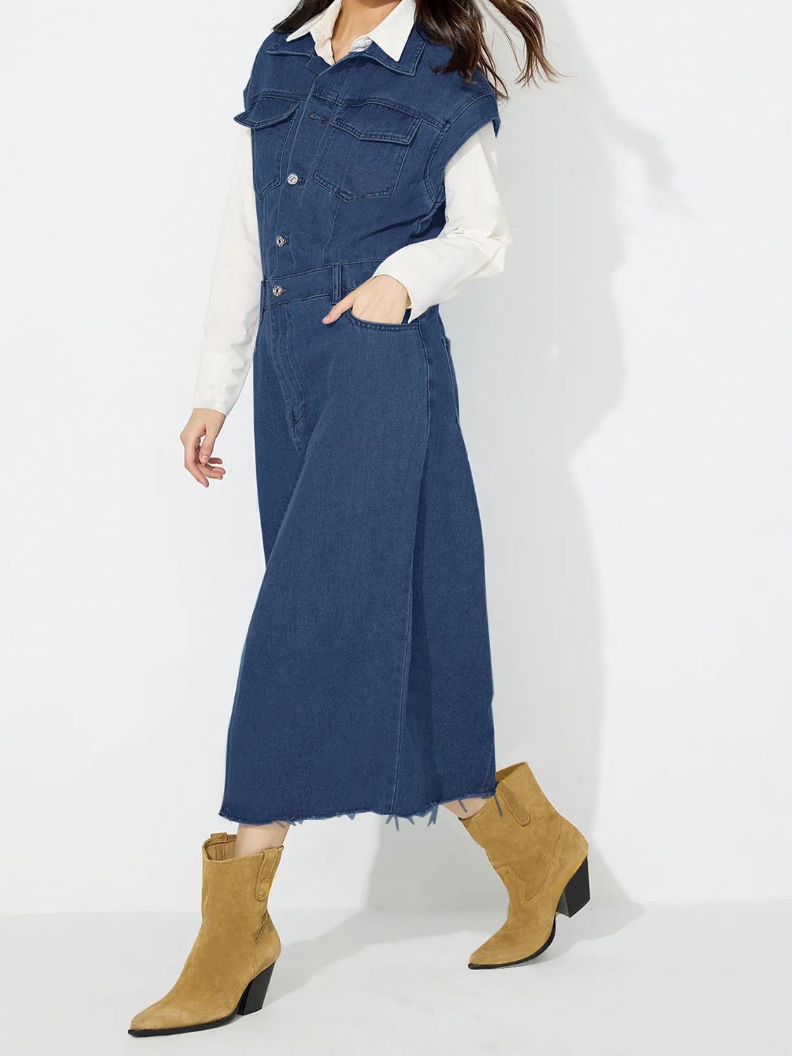 Slit Half Button Collared Neck Cap Sleeve Denim Dress