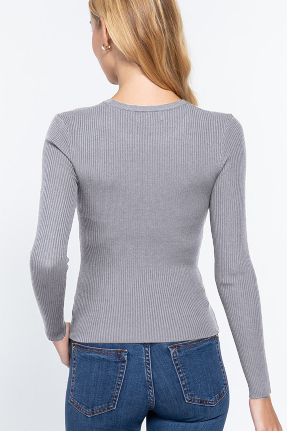 ACTIVE BASIC Full Size Ribbed Round Neck Long Sleeve Knit Top *