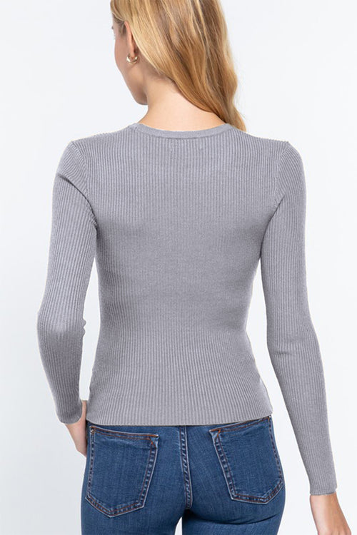 ACTIVE BASIC Full Size Ribbed Round Neck Long Sleeve Knit Top *