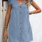 Full Size Button Up V-Neck Cap Sleeve Mini Dress